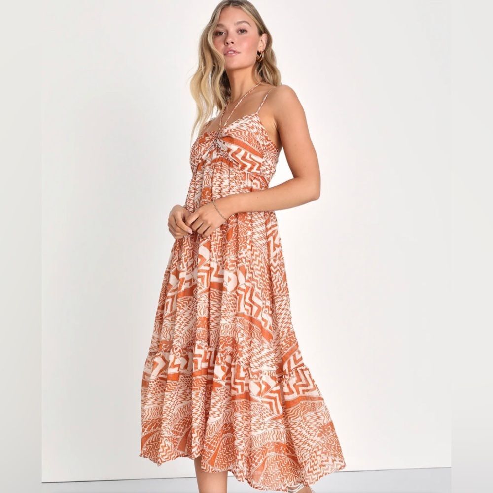 Lulus Vibing on Vacay Rust Orange White Geo Print Tiered Midi Dress Size M